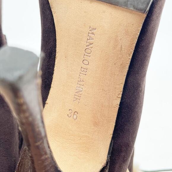 Manolo Blahnik y2k Oklamod Brown Suede Fur Trim Lace Up Heeled Boot Bootie IT 36 - Picture 9 of 13